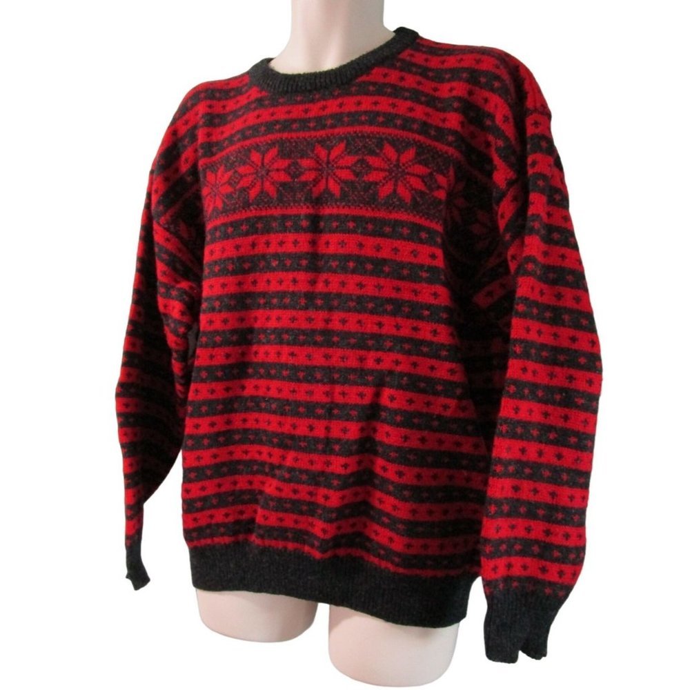 Bouviac Norway Fair Isle Oversize Unisex Sweater Medium EUC Wool Red Charcoal